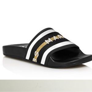 Marc Jacobs Cooper Open Toe Metallic Pool Slides Mules Sandals Canvas Logo Arch